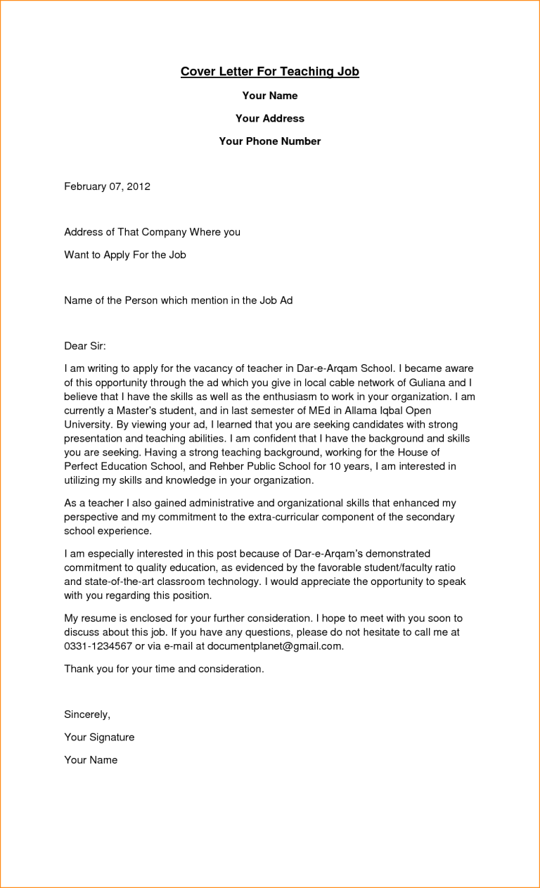 An Application Letter For The Post Of A Class Teacher