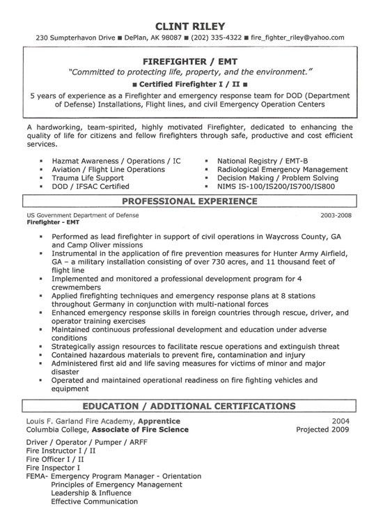 Firefighter Resume Objective Examples