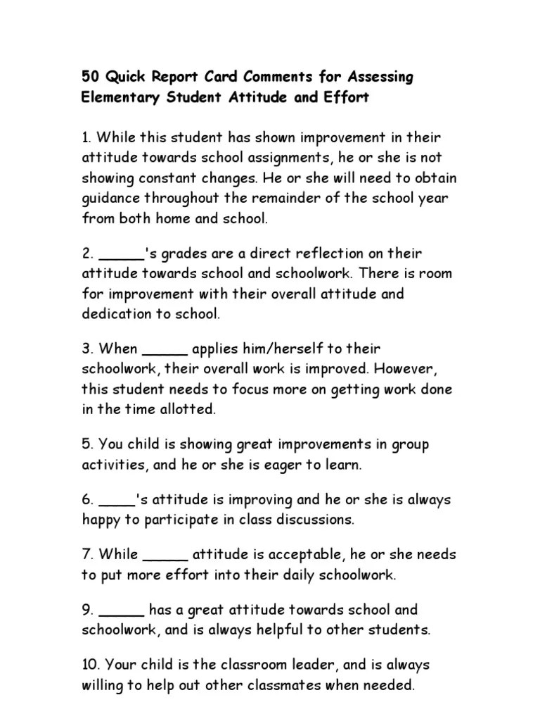 50 Quick Report Card Comments for Assessing Elementary Student Attitude and Effort Classroom
