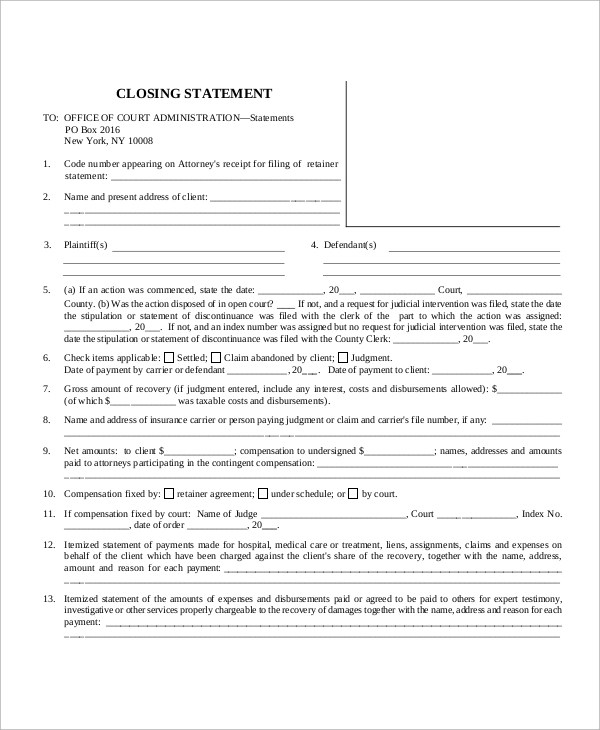 FREE 7+ Sample Closing Statement Templates in MS Word PDF