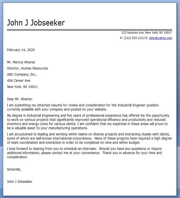 Industrial Engineer Application Letter