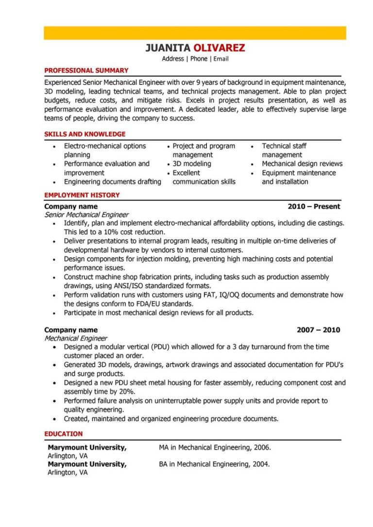 Best Resume For Mechanical Engineer Experienced