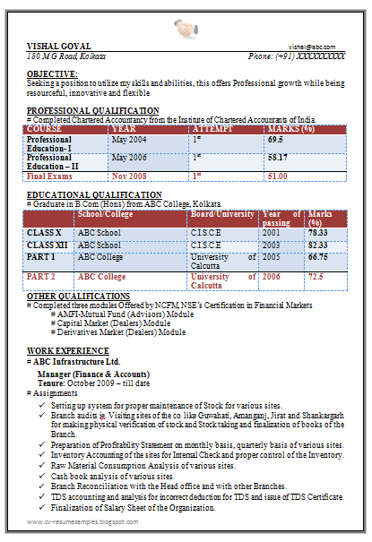 Resume Format For Accountant In Word Format Download Free In India