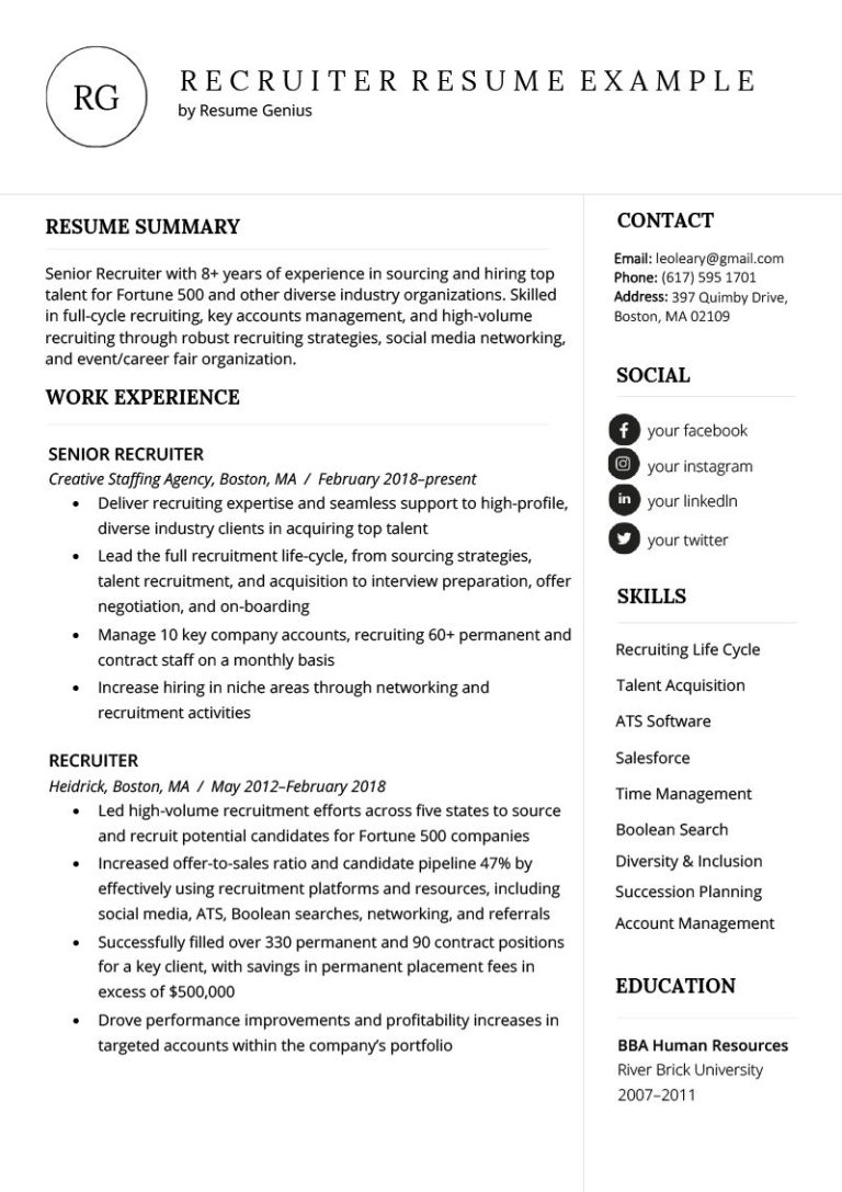 Recruiter Resume Objective Examples