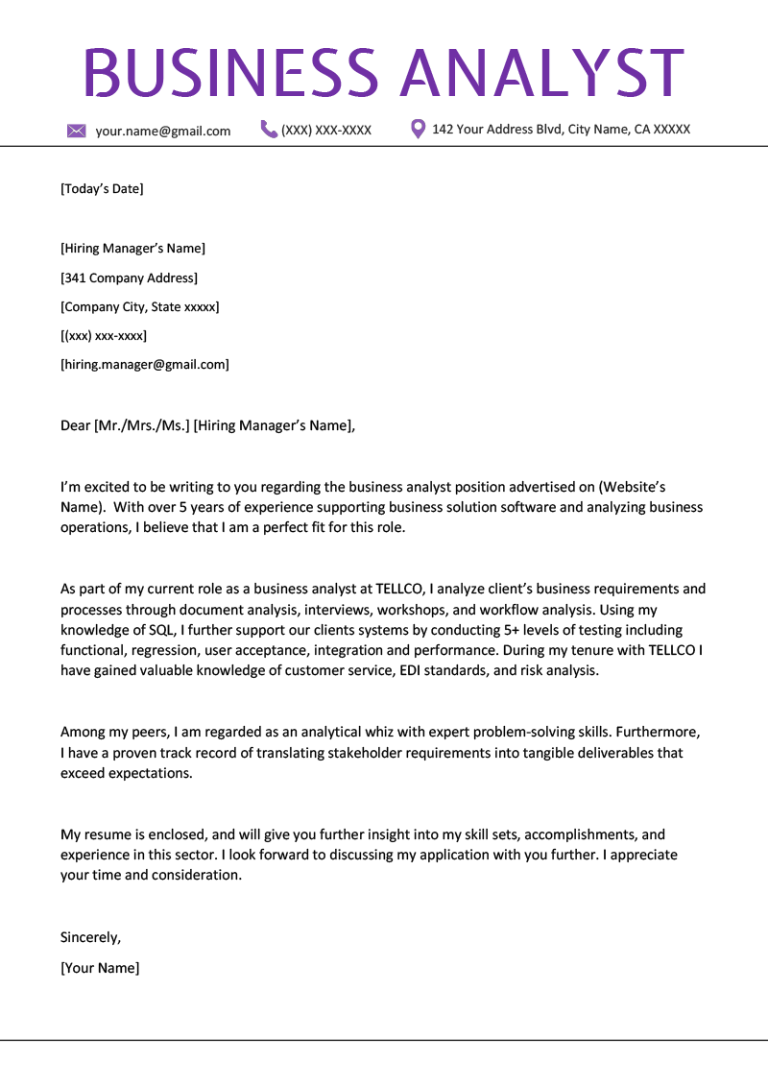 Senior Business Systems Analyst Cover Letter Sample