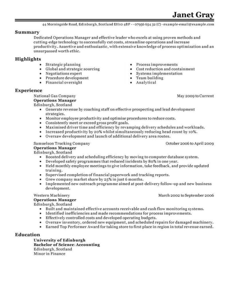 Operations Manager Resume Summary Examples