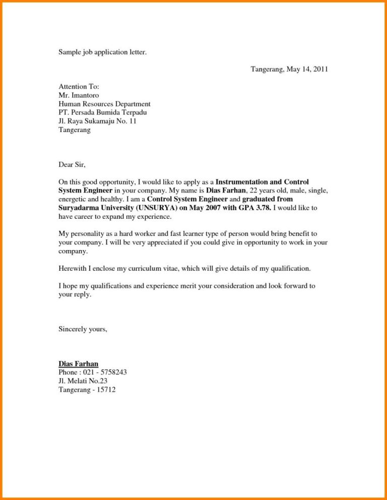 Application Letter To A Company Seeking For Employment
