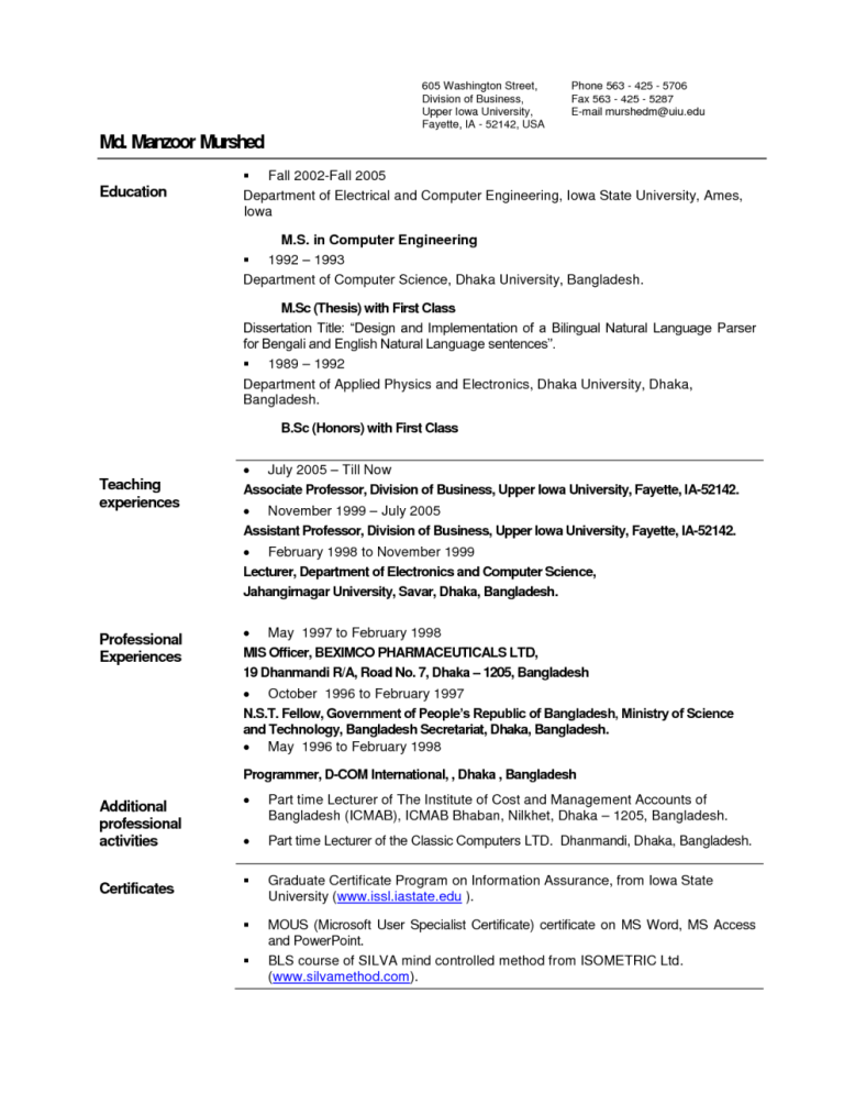 Resume Format For Fresher Engineering Students Pdf