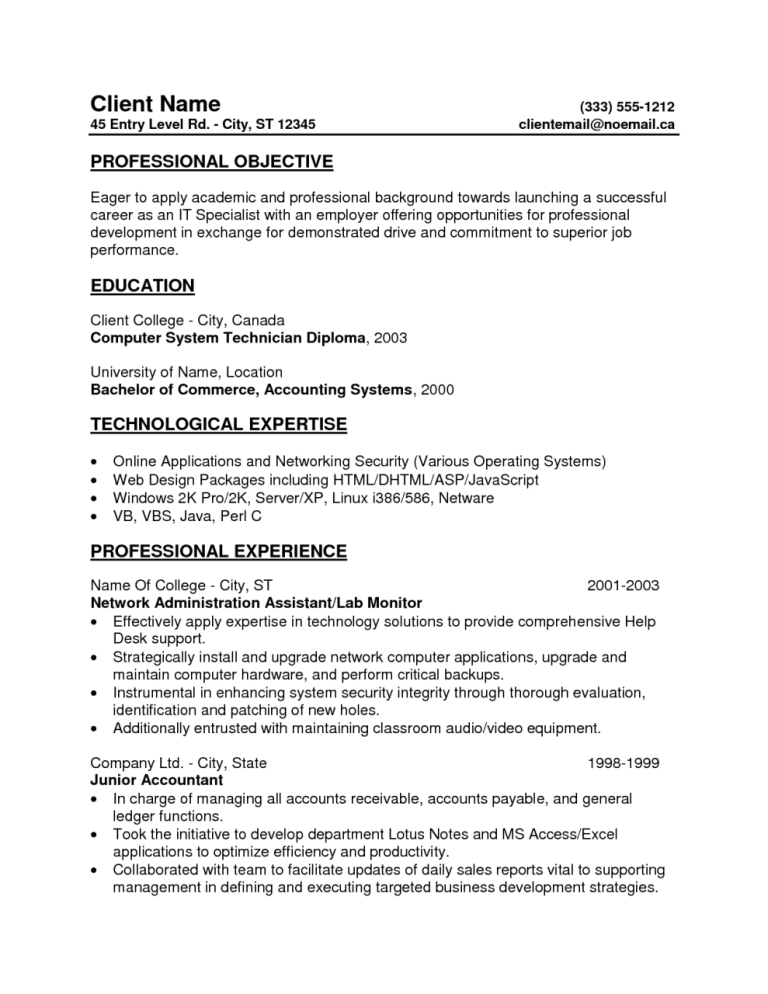 Sample Resume Objective For Entry Level Position