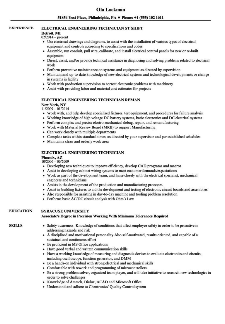 Cover Letter For Electrical Engineering Technician