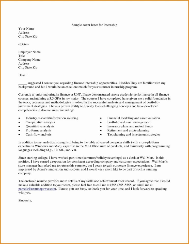 Sample Cover Letter For Finance Internship With No Experience