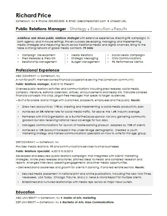 Sample resume for a public relations manager