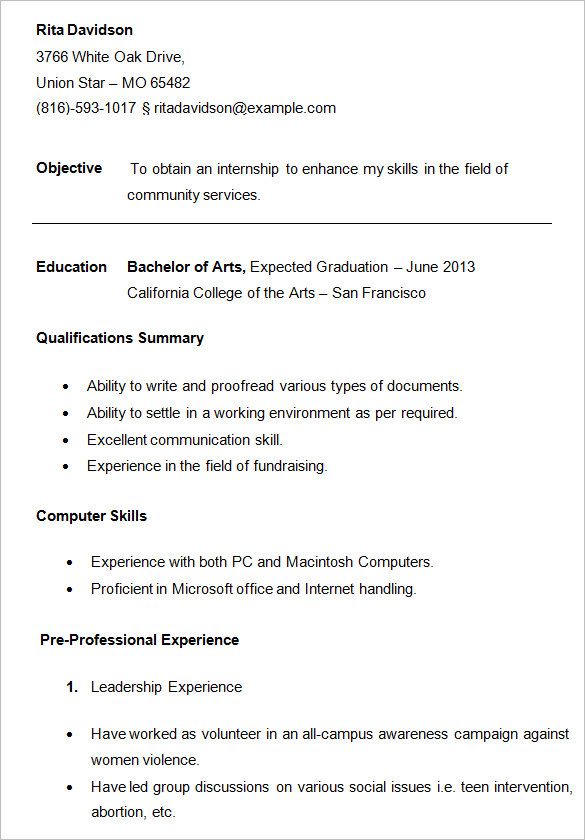 Pre Professional Experience Sample