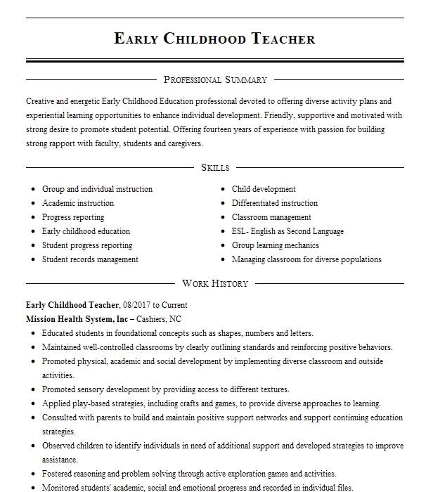 Early Childhood Teacher Resume Example Resumes Misc LiveCareer
