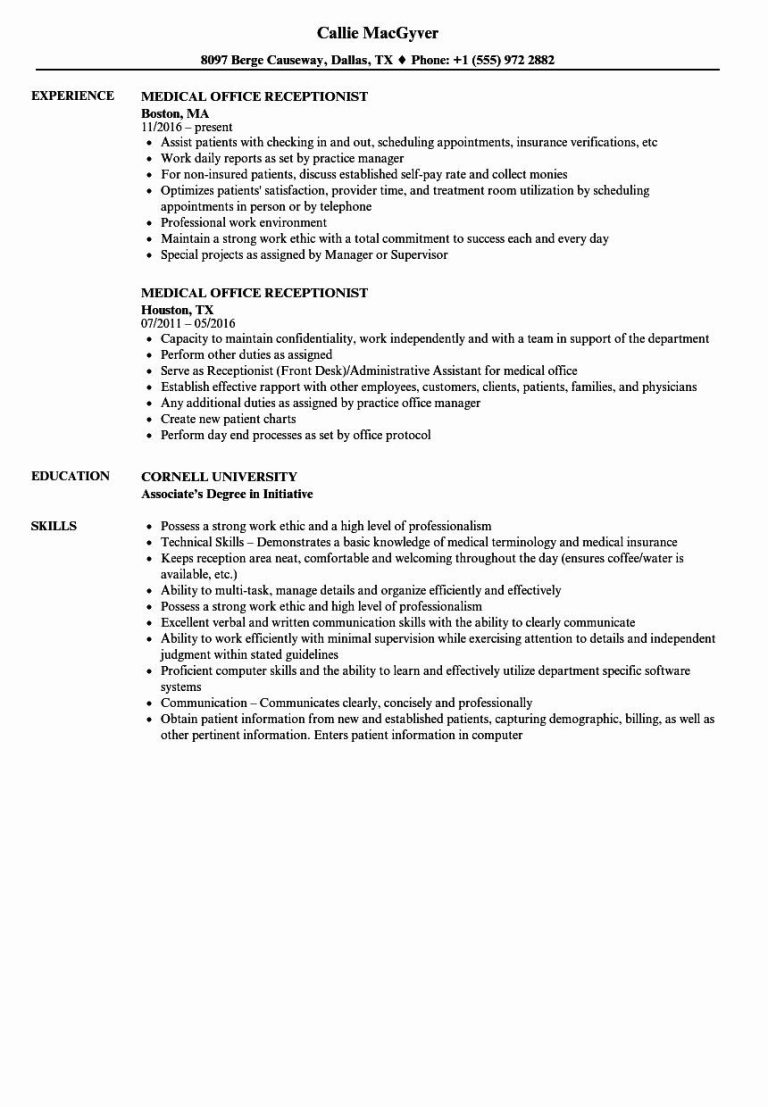 Resume Examples For Receptionist Medical