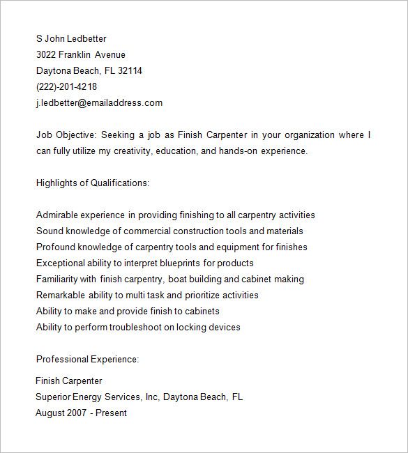 Commercial Carpenter Resume Examples