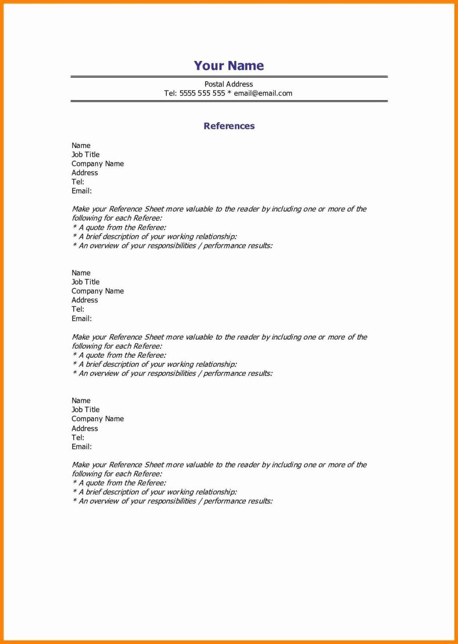 Resume Reference Page Template Resume