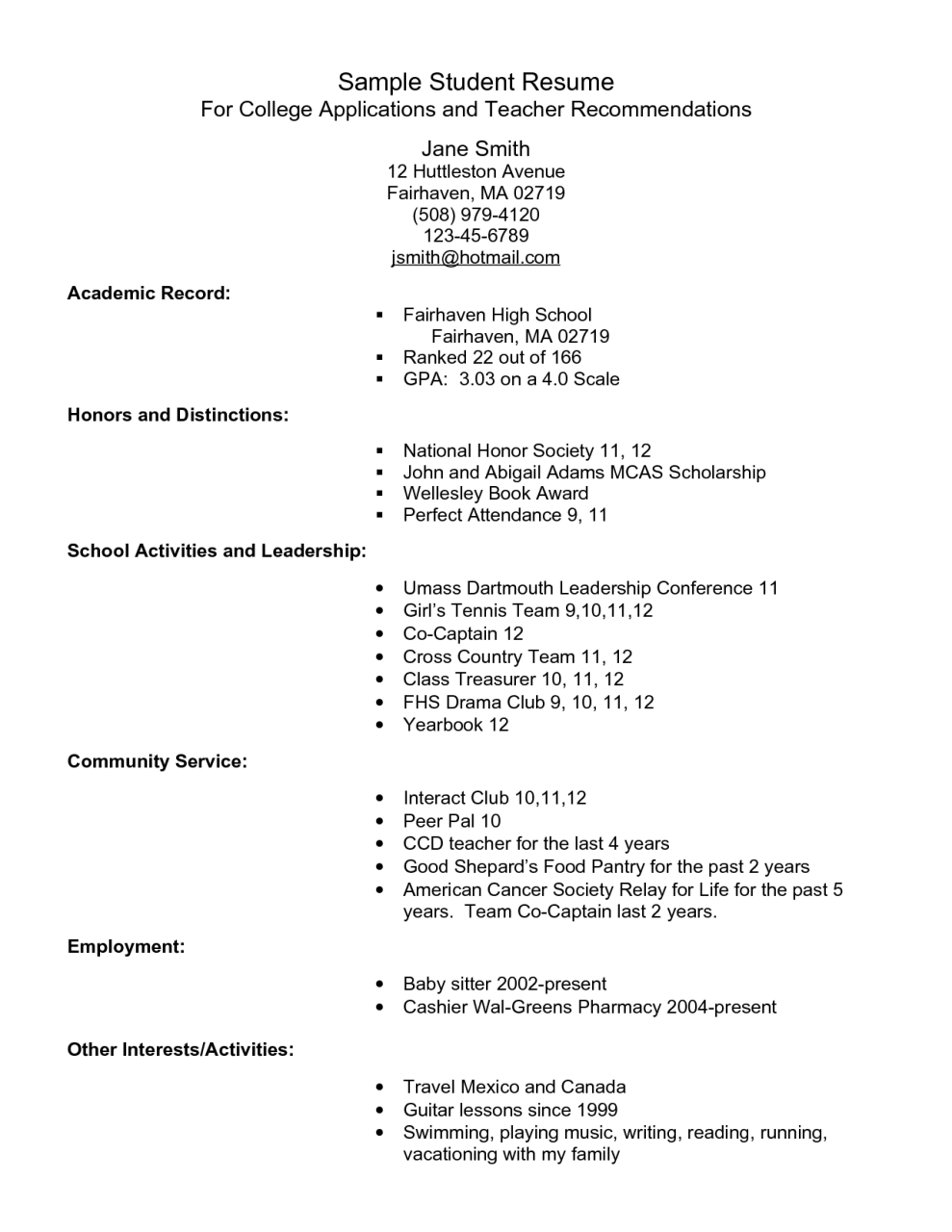 Sample Resume For College Scholarship Application