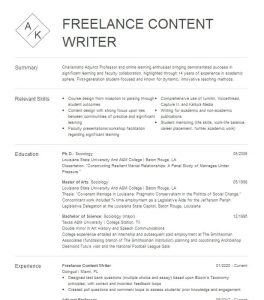 Freelance Content Writer Resume Example Company Name Bayside, California