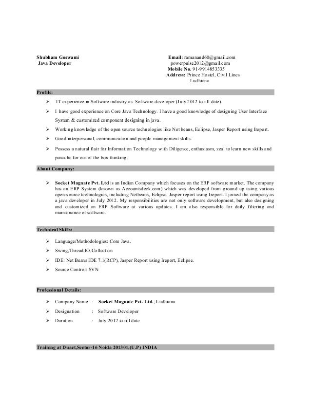 Java Resume Sample For Experienced