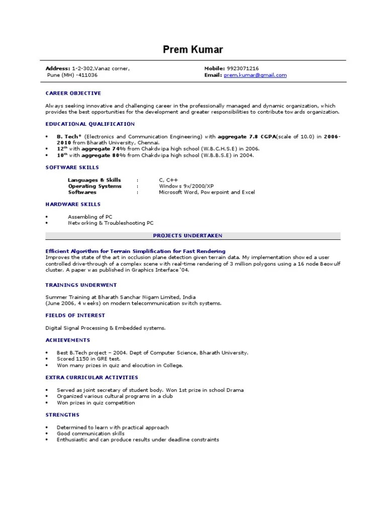 Resume Format For Freshers / Fresher resume sample Resume format pdf
