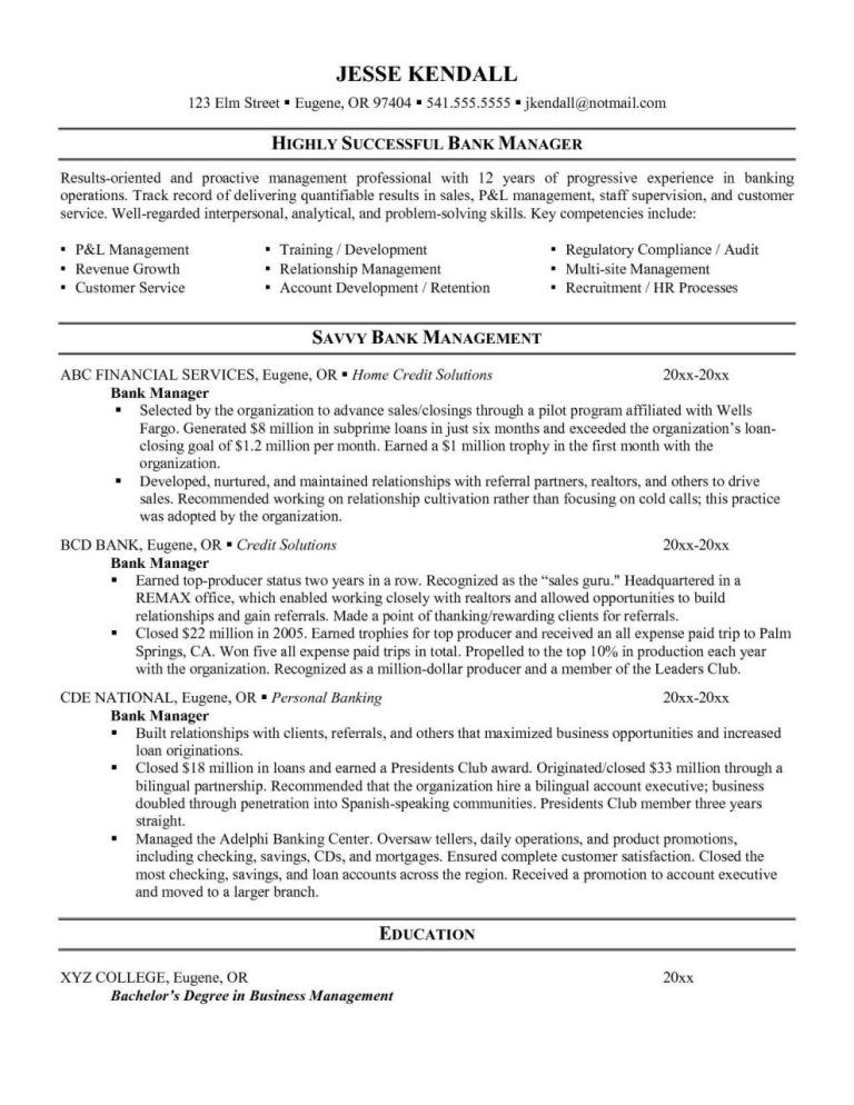 Bank Manager Resume Sample