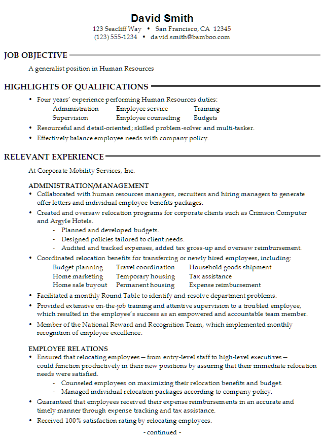 Hr Generalist Resume Summary Sample