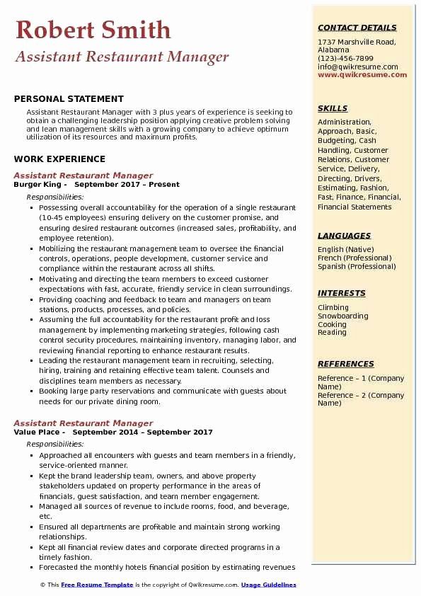 Restaurant Manager Resume Sample