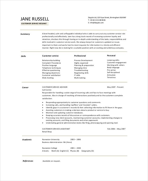 Customer Service Resume Summary Example