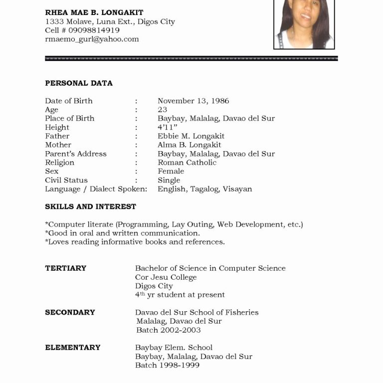 Curriculum Vitae Sample Format For Students