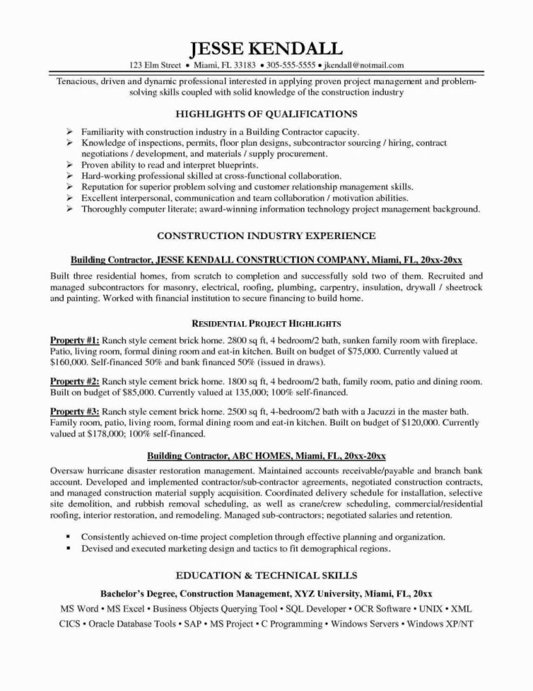 Sample Resume For Contractor Work