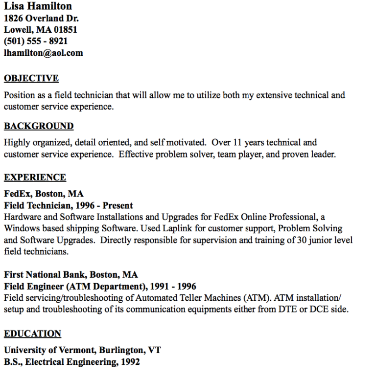 Field Technician Resume Objective