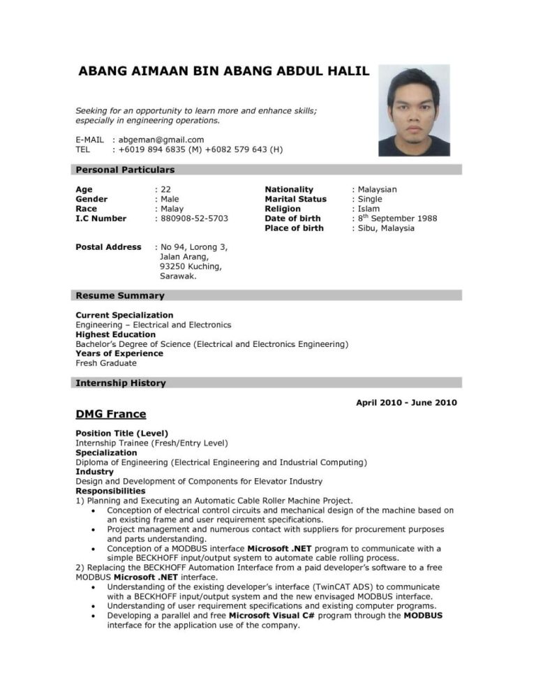 Sample Resume For Abroad Application Pdf