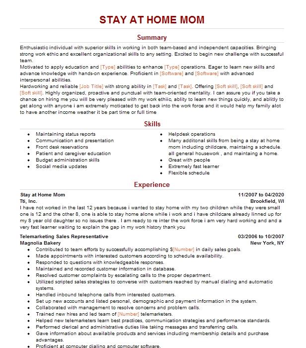 Examples Of Stay At Home Mom Resume