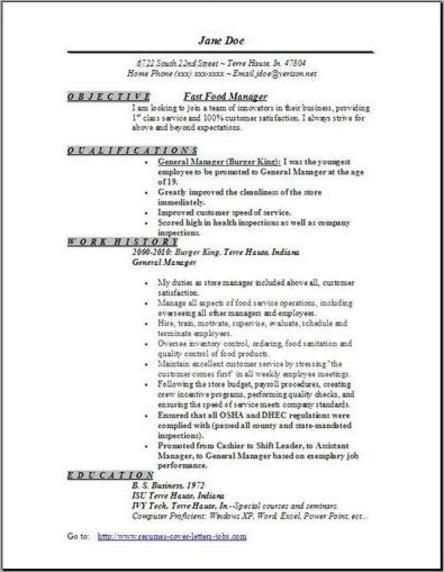 Sample Resume For Fast Food Crew Without Experience