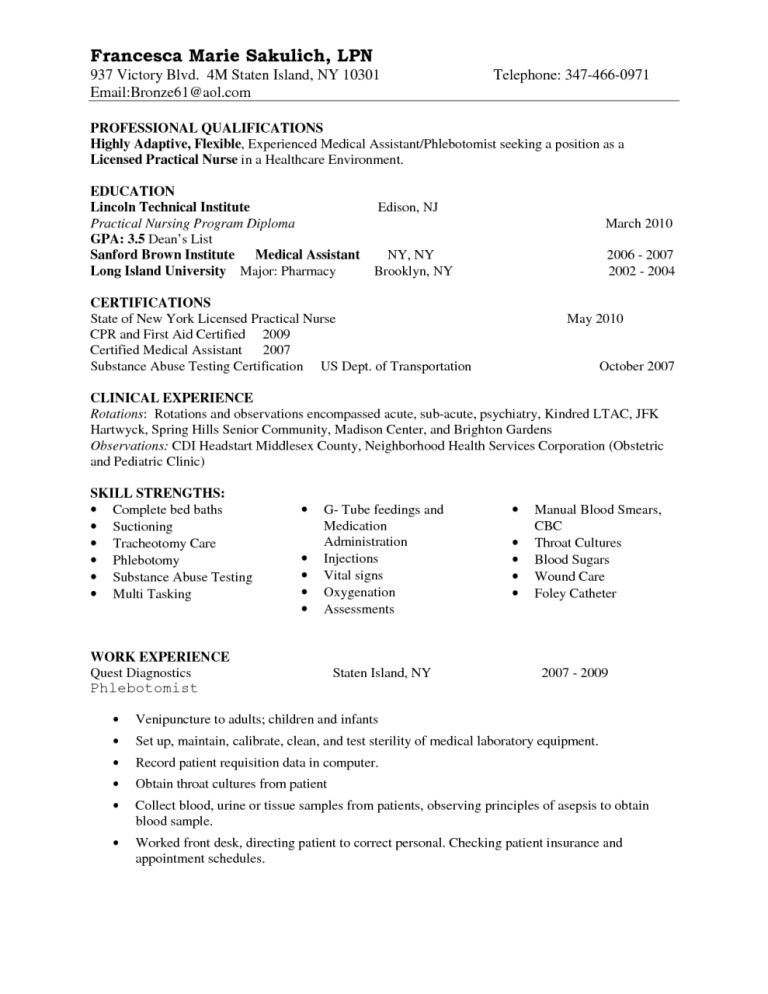 Lvn Resume Sample With Experience