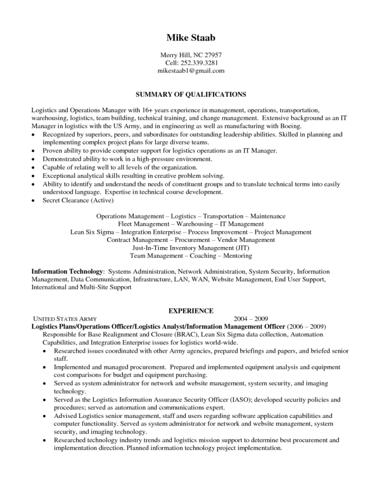 Operations Specialist Resume Summary
