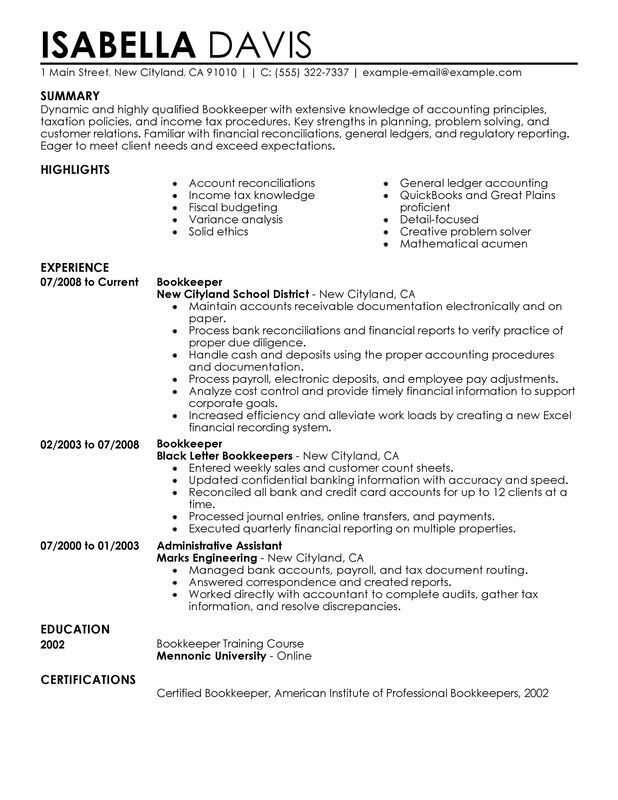 Bookkeeper Cv Examples