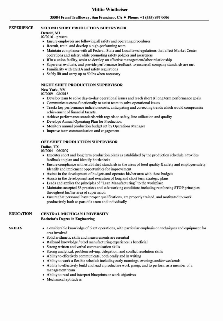 Manufacturing Supervisor Resume Examples