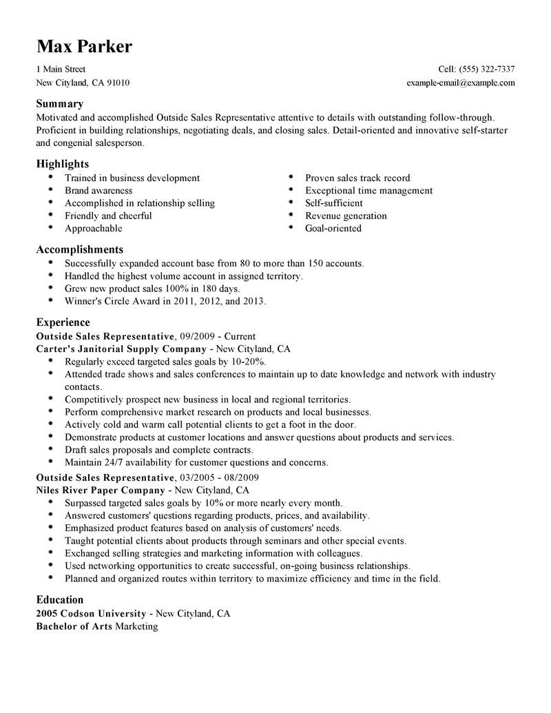 Outside Sales Rep Resume Examples