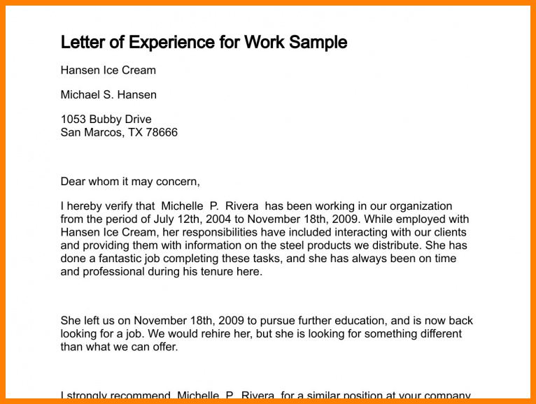 Professional Experience Letter Sample