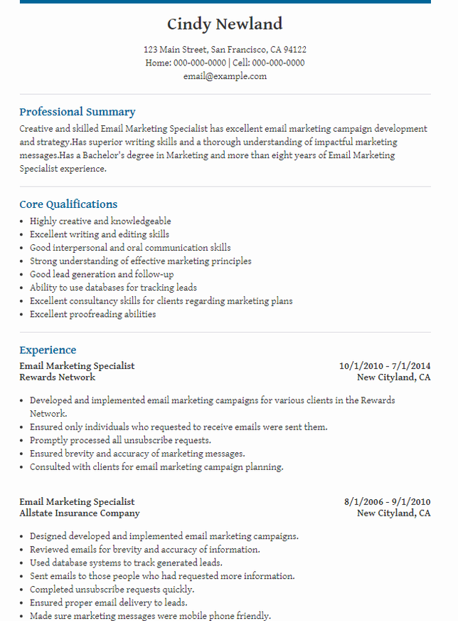 Email Marketing Experience Resume