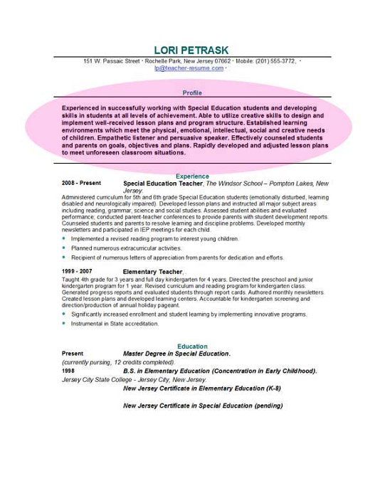 Educator Resume Profile Examples