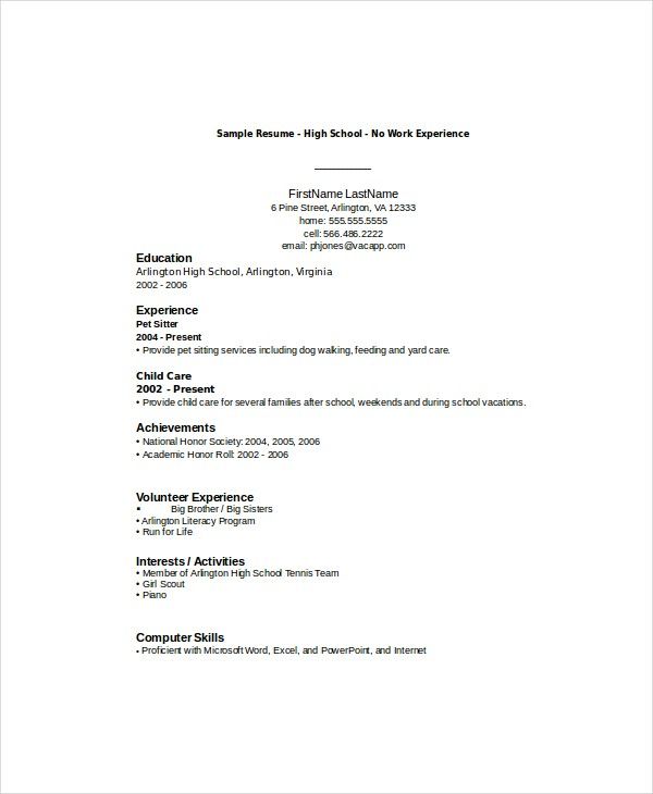 Free Sample Resume With No Work Experience