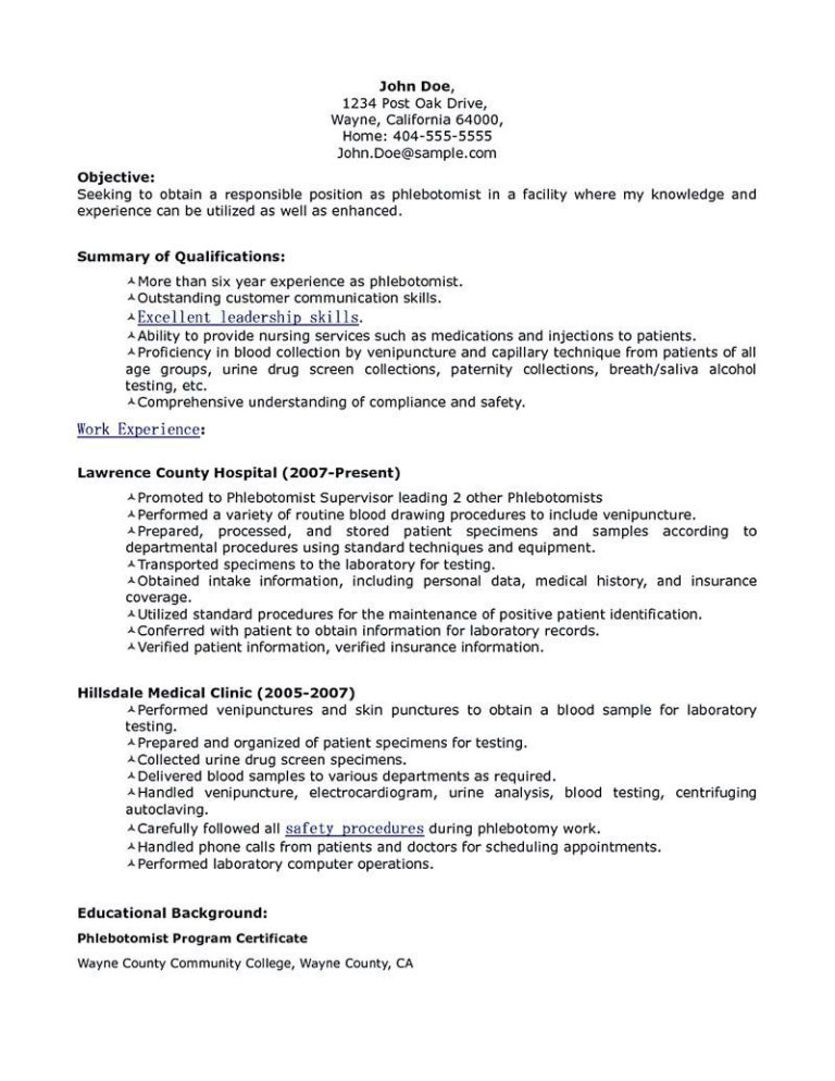 Phlebotomy Sample Resume Entry Level