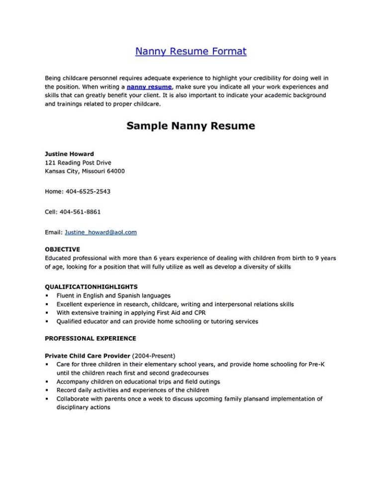 Nanny Resume Template Free