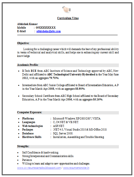 Cv For Computer Science Student Fresher