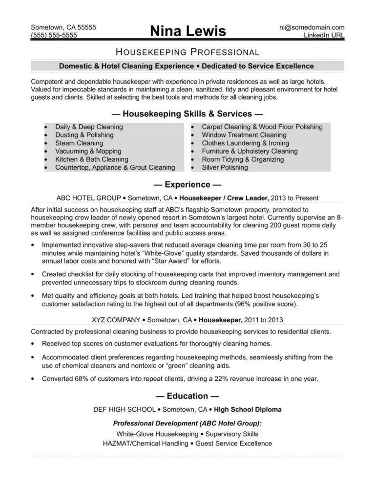 Housekeeping Qualifications Resume Examples