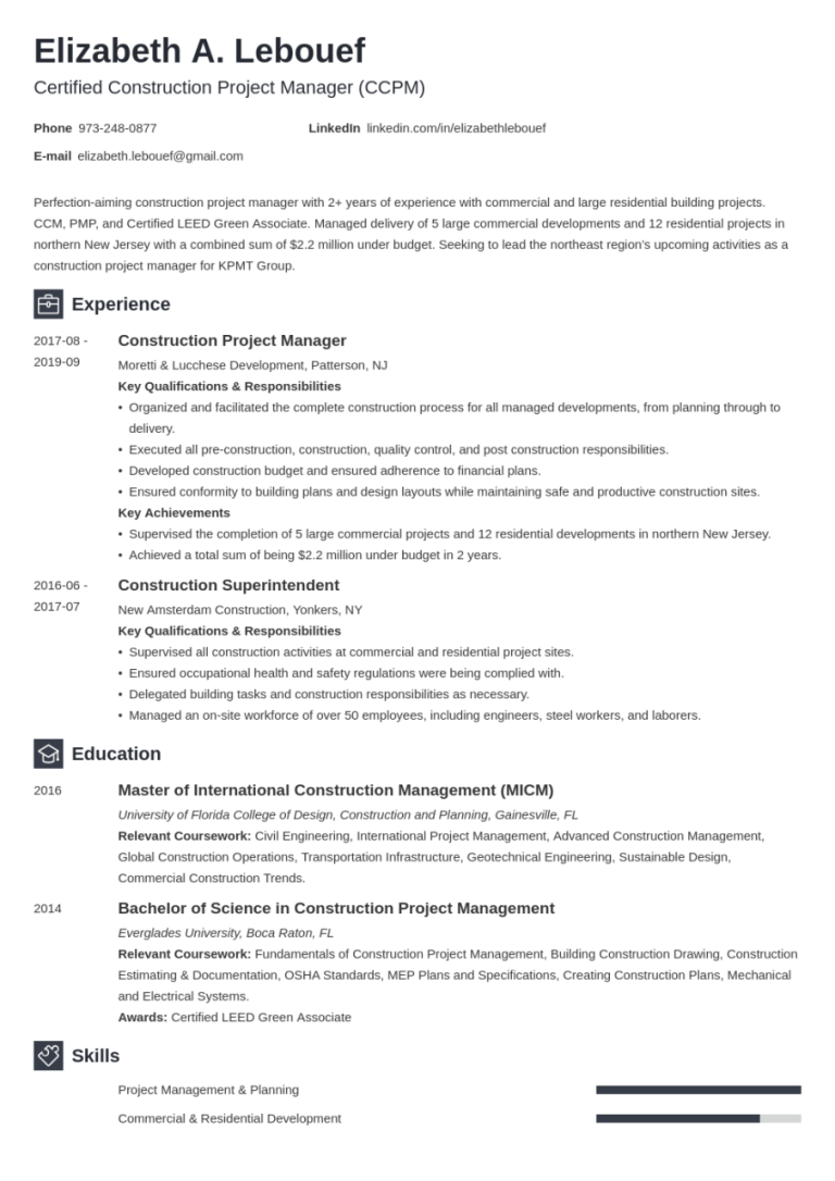 Construction Project Manager Cv Examples