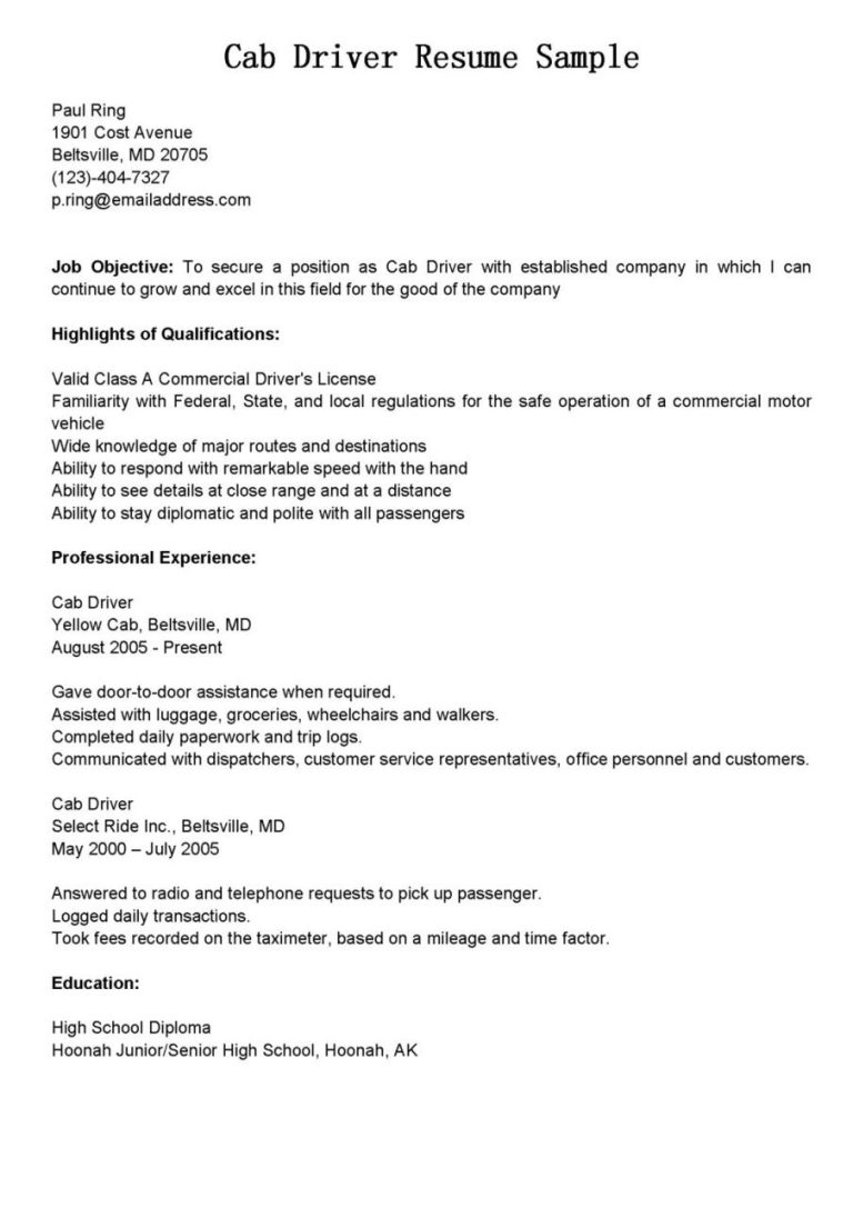 Driver Resume Examples Samples